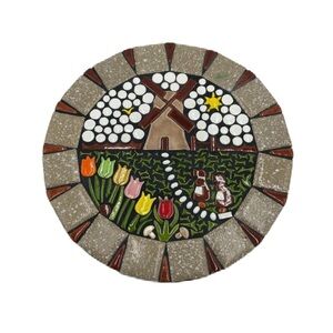 Vintage Mosaic Brown Ceramic Tile Art Trivet Round Windmill Country Farm House